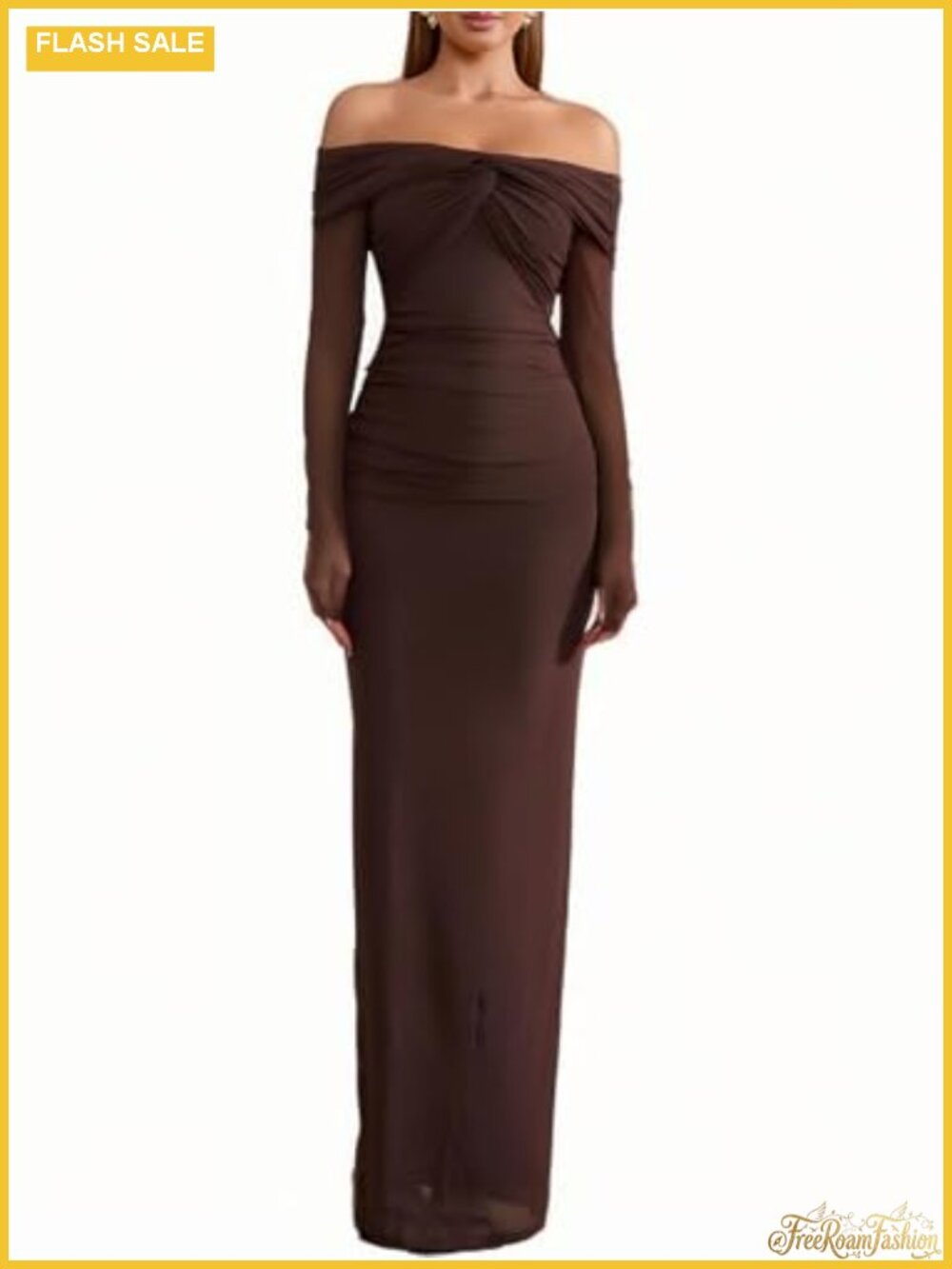 Off Shoulder Long Sleeve Bodycon Maxi Dress Ruching Formal Wedding Guest